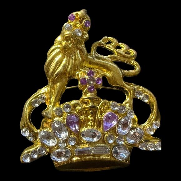 TBN Prayer Line Royal Crest Lion Unicorn Crown Gold Tone Rhinestone Brooch Pin - Picture 2 of 4